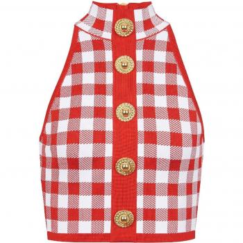 Balmain Women's Vichy Cropped Top in Red | Size XS | CF1AB018KF51MEF