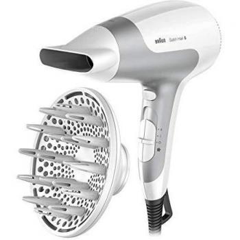 Secador de Pelo Braun Satin Hair 5 PowerPerfection HD585, 2500W con Tecnología Iónica y Difusor, Blanco y Plata