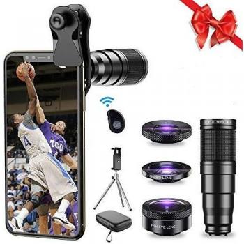 Apexel Kits de Lentes para teléfonos 22x Teleobjetivo/ 205°Lente Ojo de pez /120°Gran angular/20x Lente Macro/Trípode y Obturador Remoto para iPhone Samsung, Huawei y la mayorí