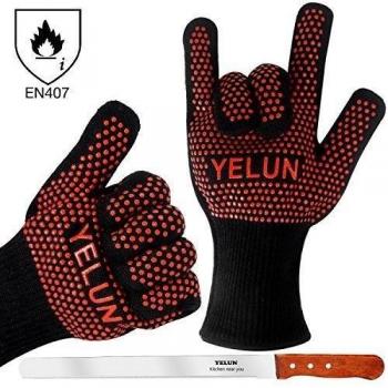 yelun EN407 – Guantes de horno, guantes de barbacoa, resisten 500 °C, anticalor, banda de silicona antideslizante para facilitar el agarre – guantes de Barbacoa – un par, Rouge No.1