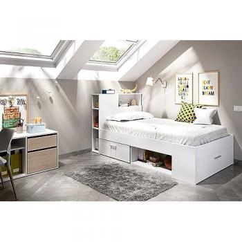 Cama Infantil Cristallo con Cajón y Estantes, Estructura Individual con Cabecero, 218x99h96 cm, Blanco - Dmora