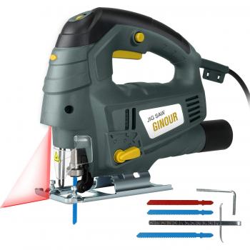 Sierra de Calar, Ginour 800W 3000RPM Sierra Caladora con Láser, 3 Hojas Adicionales, Corte -45º a 45º, 7 Velocidades Ajustables, 4 Formas Orbitales, Doble Interruptor para Cortar Madera, Metal