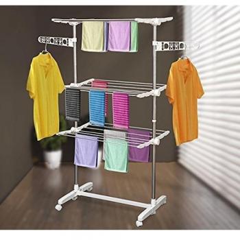 HOMCOM Tendedero de Ropa Plegable con 3 Niveles y 6 Ruedas, Ajustable en Altura (80-142)x55x152 cm
