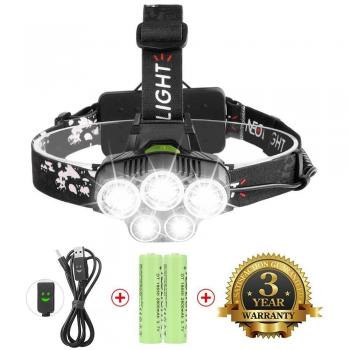 Frontal Luz Súper Brillante Potente Recargables 6 Modo de Luz con Batería Impermeable 5 LED Frontal de Cabeza Para Montañismo/Espeleología/Pesca/Camping（Batería incluido）Neolight T5
