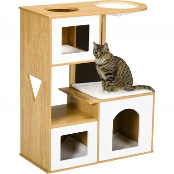 Árbol Rascador para Gatos PawHut con 3 Casetas de Madera Cojines Lavables Tabla de Rascado y Hamaca 76x37x92,5 cm Roble