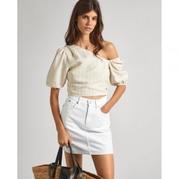 Top Mati beige de mujer con escote asimétrico y mangas abullonadas
