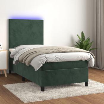 Cama blanda box spring con colchón y LED verde oscuro de terciopelo 90x190 cm