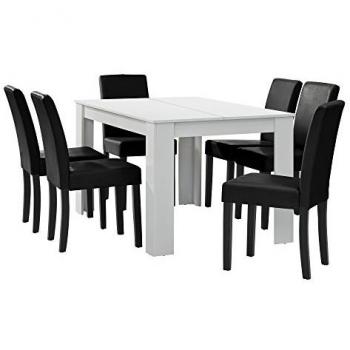 Conjunto de Mesa de Comedor Forssa 140x90 cm + 6 Sillas de Polipiel - Blanco y Negro
