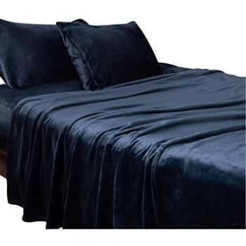 Bedsure Sabanas Coralina 160 Invierno - Juego Sábanas 160 x 190 Franela 4 Piezas, Sabanas Polar Termica Cama 160, Sabana Bajera Ajustable 160x200 con Encimera, Azul Marino
