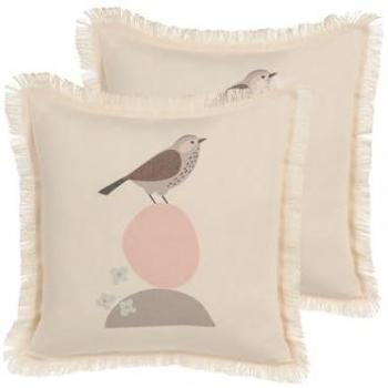 Conjunto de 2 Cojines Decorativos Beige con Motivo de Pájaro y Flecos 60 x 60 cm