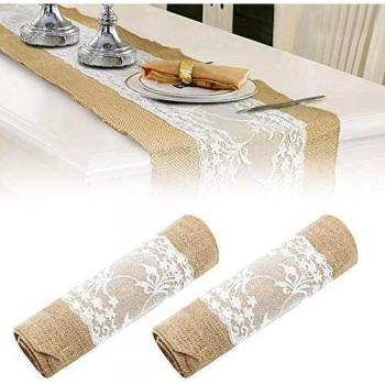 dinae Camino de mesa de yute con encaje, camino de mesa de arpillera para bodas, eventos, decoración