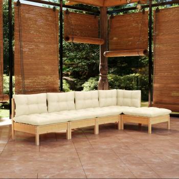 5-Piece Pinewood Garden Lounge Set with Cream Cushions