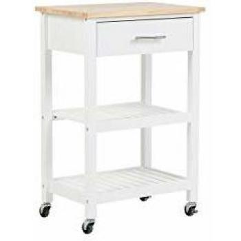 Carrito de cocina blanco Hiuma de MDF y madera de caucho, 58 x 40 x 85 cm, con 3 estantes, cajón para cubiertos, botellero y ruedas