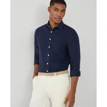 Camisa de lino Hackett Navy para hombre con ajuste slim fit y teñida en prenda azul marino