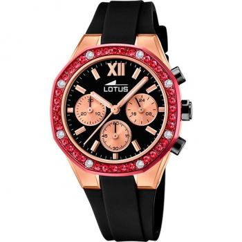 Reloj Lotus Excellent 18877/1 para Mujer con Esfera Negra y Correa de Caucho Negro Adornado con Circonitas