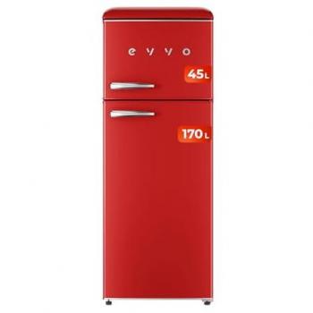 Frigorífico Retro 2 Puertas Evvo F45 Rojo, 170 Litros Refrigerador, 45 Litros Congelador, Diseño Vintage, Cajón Crisper Zone, Libre de Gas CFC, Silencioso