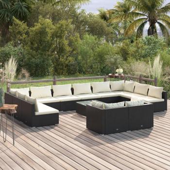 13-Piece Black Poly Rattan Garden Lounge Set with Cushions