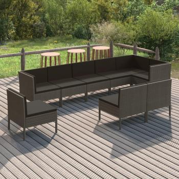 9-Piece Grey Poly Rattan Garden Lounge Set with Cushions
