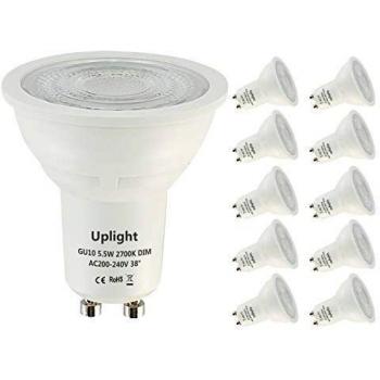 Uplight 5.5W Regulable Bombillas GU10 LED,Blanco Cálido 2700K,Equivalente 50W Lámpara Halógena 470Lm Ra80,38°Ángulo haz,Paquete de 10.