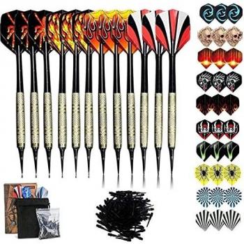 Sinwind 12 Dardos Punta Plastico para Diana Electrónica, Dardos Diana Electronica de Profesionales + 42 Plumas de 14 Patrones + 100 Puntas