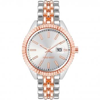 Reloj Mujer Nine West NW_2661SVRT - Reloj de pulsera para mujer, diseño elegante y moderno, esfera plateada con detalles en cristal, correa de acero inoxidable, resistencia al agua hasta 30 metros, movimiento