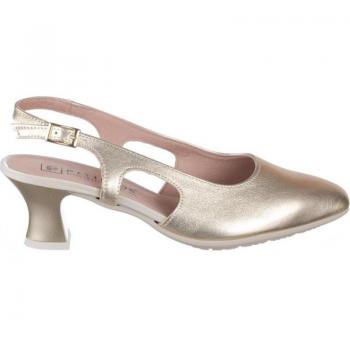 PITILLOS 5751 Zapato abierto de piel con tacón de 7cm, destalonado, escotado, salón con punta fina, hebilla al tobillo para señora en color oro dorado