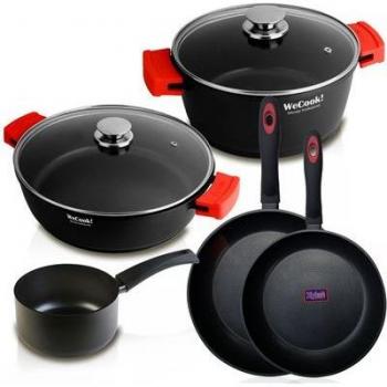 Batería de Cocina Inducción Wecook Ecostone 5 Piezas Aluminio Antiadherente Sin PFOA con Asas de Silicona y Tapa de Cristal