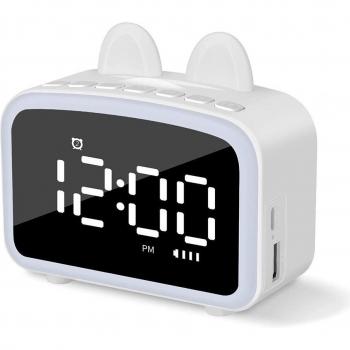 DAM Reloj Despertador LCD con Luz Nocturna, Altavoz Bluetooth Incorporado, Termómetro, Radio, Soporte de Smartphone, Batería Recargable, Medidas: 10x4x9 cm