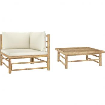2-Piece Bamboo Garden Lounge Set with Cream White Cushions
