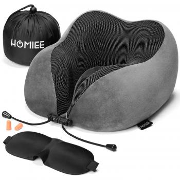 HOMIEE Almohada de Viaje，para Avión Almohada Cervical, Almohada Ortopédica Cervical, de Espuma con Memoria，con Máscara de Ojos, Tapones y Bolsa con Cordón