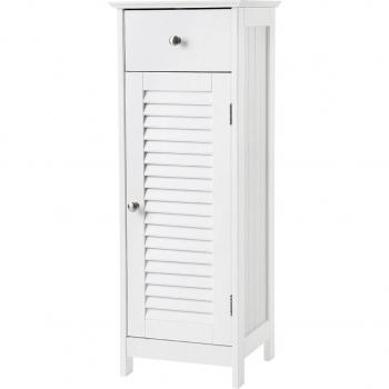 Armario blanco para baño de pie, rinconera con 1 cajón, 1 puerta de persiana, solución de almacenaje