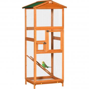 Jaula para Pájaros Grande de Madera de Abeto con 2 Puertas Bandeja Extraíble y Techo Asfáltico 68x63x165cm