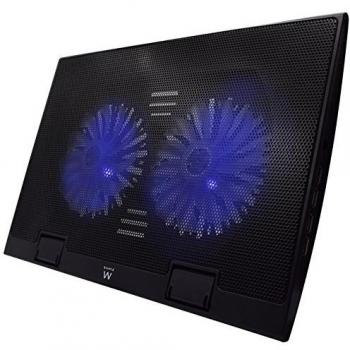 Ewent EW1257 Base de refrigeración gaming para ordenador portátil de 12 a 17 pulgadas con 4 puertos USB Hub, 2 ventiladores y luz LED blu, color negro