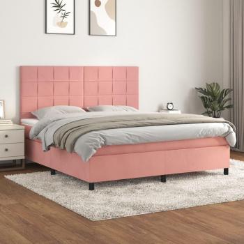 Cama box spring de muelles con colchón en terciopelo rosa 180x200 cm