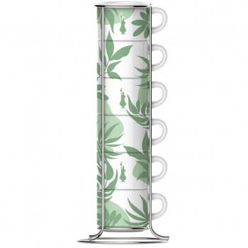 Juego de 6 Tazas de Café Espresso Bialetti Primavera con Soporte - Verde, Porcelana, 90 ml (6 Unidades)