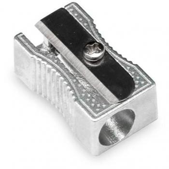 Sacapuntas metálico rectangular de un solo uso.