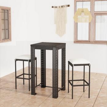 Conjunto de muebles de bar para jardín 3 piezas con cojines de ratán sintético negro