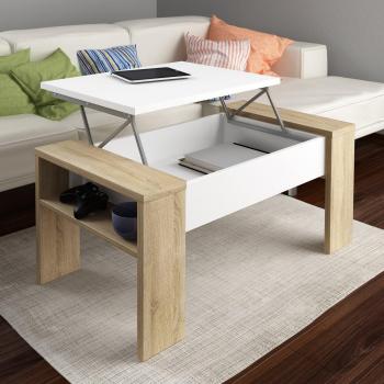 HomeSouth - Mesa de centro elevable, mesita comedor salon modelo Andrea, color Blanco y Cambria, medidas: 98,4 x 42,6 x 50,2 cm de fondo.