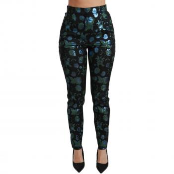 Dolce & Gabbana Blue Green Floral Metallic Slim Pants - IT40|S, Slim-fit Trousers, female, Black, Size: XS