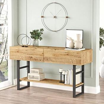 Mesa consola Lappeenranta con estante y 2 puertas de metal/aglomerado, 139x43x76 cm, acabado en roble rústico y negro
