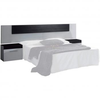 Habitdesign 036076BO - Cabezal de Cama de Matrimonio y Dos mesitas de Noche, Color Blanco Brillo y Negro Malla, Dimensiones: 247 x 92 x 36cm de Fondo