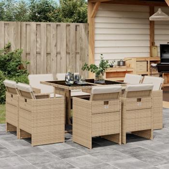 Set de almuerzo de jardín de 9 piezas con almohadas de polyrattan beige