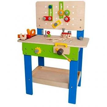 Banco Carpintero de Hape, Banco de Herramientas de Madera para Niños y Niñas Galardonado, Juego de Rol, Juego de Construcción Creativo, Banco Carpintero de 35 Piezas con Altura Ajustable