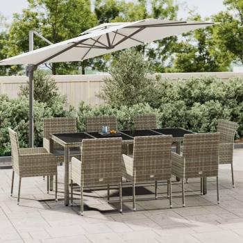 9-Piece Grey Poly Rattan Garden Dining Set with Cushions
