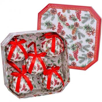 Set de 5 Bolas de Navidad Decoradas con Motivo de Acebo, 70 mm en Caja Regalo