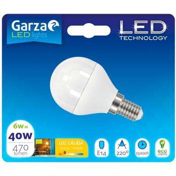 Garza Lighting - Bombilla LED Esférica, potencia 6W, casquillo E14, luz cálida 2700K