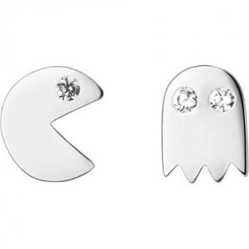 Pendientes asimétricos Pacman de plata bañados en rodio