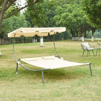 Tumbona Doble Avigliano con Parasol Ajustable de Acero y Poliéster 200x173x146cm - Beige