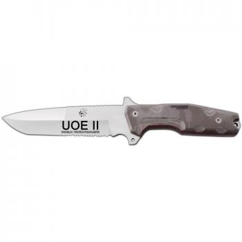 Cuchillo de Supervivencia UOE II J&V con mango Micarta camo desert pixel árido, hoja de 17 cms y funda de cordura multiposición. Herramienta de Camping para Pesca, Caza y Actividades Deportivas al Aire Libre