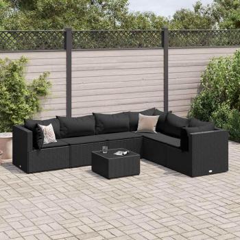7-Piece Black Poly Rattan Garden Lounge Set with Cushions